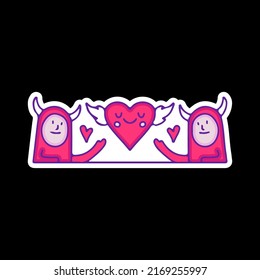 Funny man wearing devil costume showing flying heart, illustration for t-shirt, sticker, or apparel merchandise. With doodle, retro, and cartoon style.
