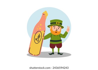 Hombre divertido con sombrero verde sosteniendo botella de cerveza. ilustración para el día de San Patricio, fiesta irlandesa