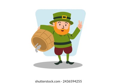 funny man wearing green hat carrying keg of beer. illustration for St. Patrick's Day, Irish holiday