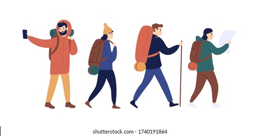 Funny Man And Woman With Backpack Going Camping Together Vector Flat Illustration. Group Of Hiker People Holding Map And Taking Selfie Use Smartphone Isolated On White. Joyful Hiking Person