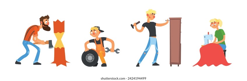 Funny Man and Woman Character Engaged in Different Occupation Vector Set