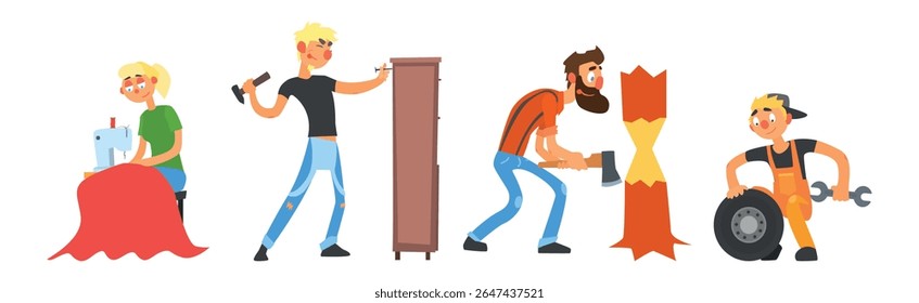 Funny Man and Woman Character Engaged in Different Occupation Vector Set
