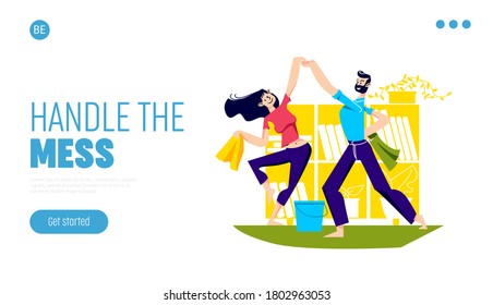 Funny man and woman dance while cleaning living room. Template landing page background with cartoon man and woman enjoy household while listening to music and dancing. Vector illustration