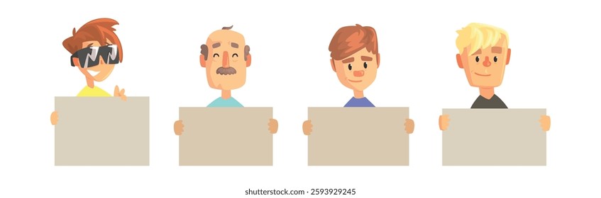 Funny Man and Woman with Empty Plaque and Banner Vector Set