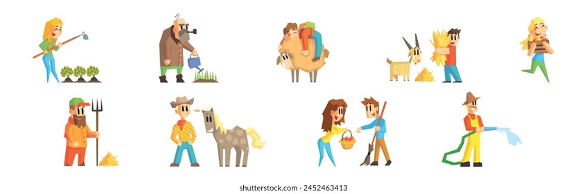 Funny Man and Woman Farmer Character Enjoy Horticulture and Agriculture Vector Set