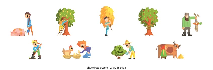 Funny Man and Woman Farmer Character Enjoy Horticulture and Agriculture Vector Set