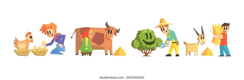 Funny Man and Woman Farmer Character Enjoy Horticulture and Agriculture Vector Set