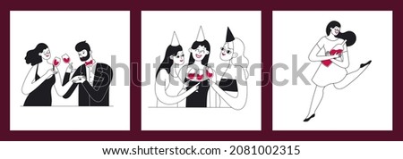 Funny man and women, friends drinking red wine on a date, party. Wine lovers concept. Hand drawn doodle people drinking wine together. Romantic dinner, hen -party.