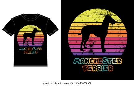 Engraçado Manchester Terrier Retro Vintage Sunset T-shirt Design template, Manchester Terrier Board, Adesivo janela do carro, POD, capa, fundo branco isolado, Presente de Silhueta para Manchester Terrier Lover