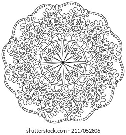 Funny mandala with ice cream cones and juicy fruits, coloring page with ornate patterns and desserts vector illustration