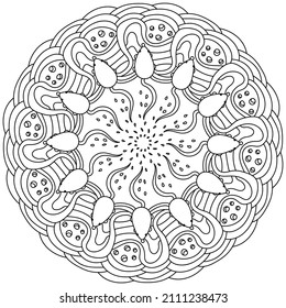 Funny mandala with mice looking for cheese, activity coloring page vector illustration