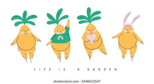 Funny Mandragora or Mandrake root set. Cute kids illustration, isolated t-shirt design. Life is a garden sign. Spring, summer plants, green lifestyle. Fantastic creature