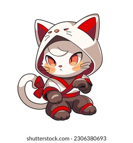 Funny maneki neko character as cute ninja. Kawaii style cartoon illustration. Isolated on white.