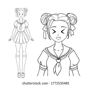 Funny manga girl with and two pigtails wearing japanese school uniform. Hand drawn vector illustration. Isolated on white background.