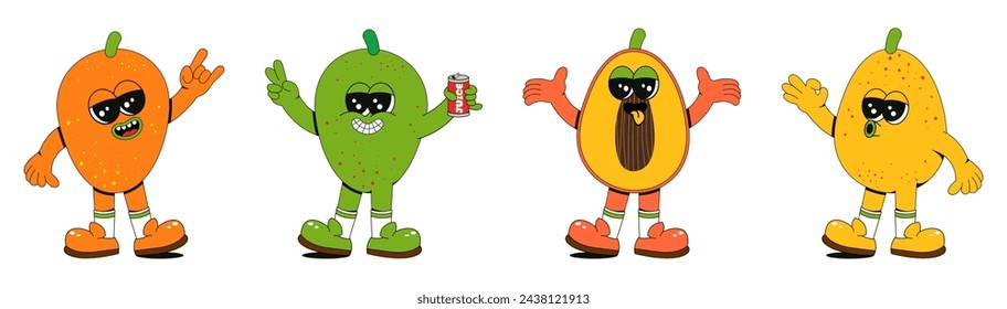 Carácter divertido de la fruta del mango. Elementos cómicos en un estilo retro moderno y elegante. Ilustración vectorial para pegatinas, carteles, impresiones.