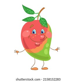 Graciosa fruta de mango. Héroe con un estilo de caricatura. Aislado sobre fondo blanco. Ilustración plana vectorial.