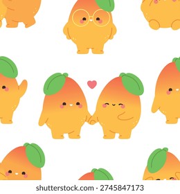 Funny mango seamless pattern. Juicy fruits in love, romantic, cute childish characters. Tropical mango print, wallpaper, wrapping, textile design, vector background
