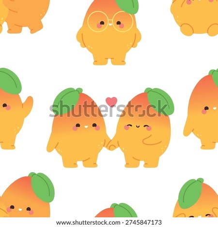Funny mango seamless pattern. Juicy fruits in love, romantic, cute childish characters. Tropical mango print, wallpaper, wrapping, textile design, vector background