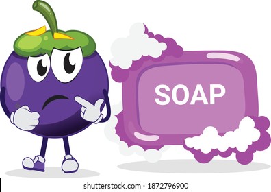 
Carácter gracioso de mango Steen pensando profundamente parado frente a un gran SOAP