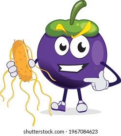 Funny mangosteen character holding a germ bacteria in hand