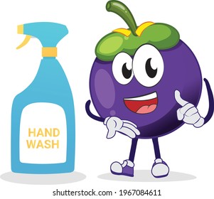 Funny mangosteen character talking something serious about hand wash