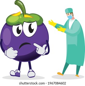 Funny mangosteen character thinking in front of a doctor