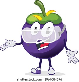 funny mangosteen character wearing protective glasses with a big smile