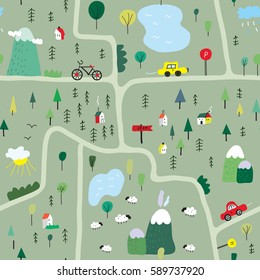 Funny map seamless pattern with nature, landscape and camping - vector graphic illustration