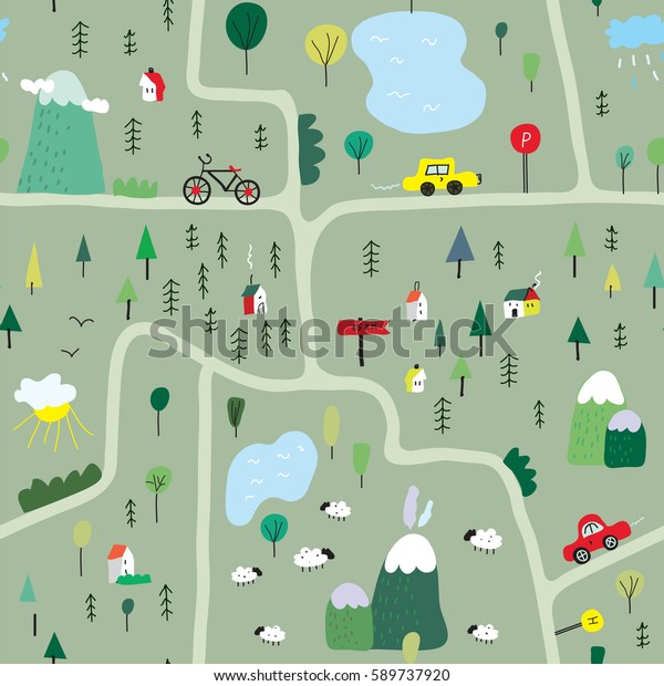 Funny map seamless pattern with\
nature, landscape and camping - vector graphic\
illustration