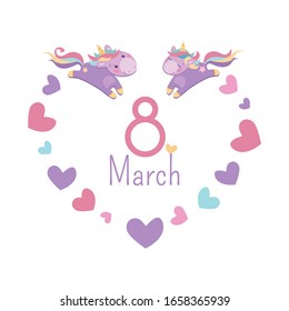 Funny March 8 vector card. Purple unicorns with multi-colored manes run to meet each other. Cheerful children's poster heart shape, festive inscription. Isolated on a white background.