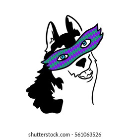Funny Mardi Gras vector design element, Fat Tusday clip-art, isolated on white. Happy husky in a mask
