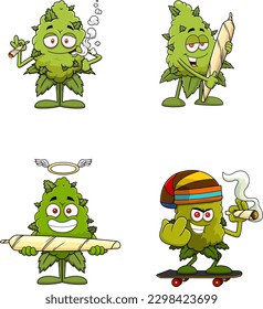 Funny Marijuana Bud Cartoon Characters. Vector Hand Drawn Collection Set Isolated On Transparent Background