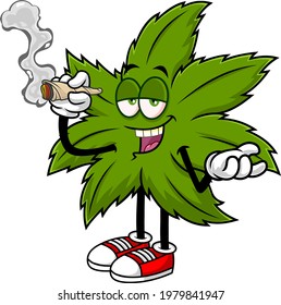 Funny Marijuana Leaf Cartoon Character Smoking A Joint. Vector Hand Drawn Illustration Isolated On Transparent Background