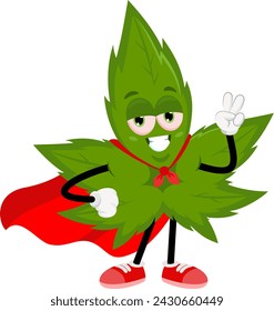 Lustige Marihuana Blatt Cartoon Charakter SuperHero zeigt Sieg Handzeichen. Vektor-Illustration flaches Design isoliert auf transparentem Hintergrund