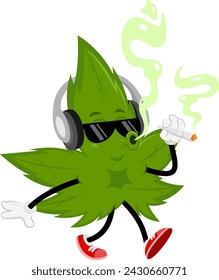 Divertido Personaje De Dibujos Animados De Hoja De Marihuana Con Auriculares Caminando Y Fumando Una Articulación. Diseño Plano De Ilustración Vectorial Aislado Sobre Fondo Transparente