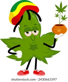 Divertido Personaje De Dibujos Animados De Hoja De Marihuana Con Sombrero De Rasta Jamaiquino Sosteniendo Una Planta De Cannabis En Olla. Diseño Plano De Ilustración Vectorial Aislado Sobre Fondo Transparente