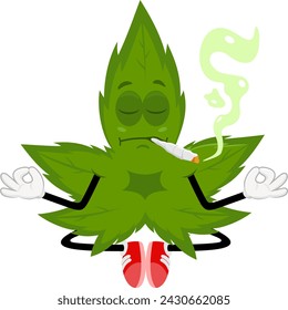 Lustige Marihuana Blatt Cartoon Figur raucht einen Joint und meditiert. Vektor-Illustration flaches Design isoliert auf transparentem Hintergrund