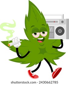 Funny Marijuana Leaf Cartoon Character Holding Boombox On Shoulder Walking And Smoking A Joint. Vector Illustration Flat Design Isolated On Transparent Background