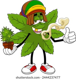 Funny Marijuana Leaf Cartoon Character With A Joint  Holding Cannabis Plant In Pot. Vector Hand Drawn Illustration Isolated On Transparent Background