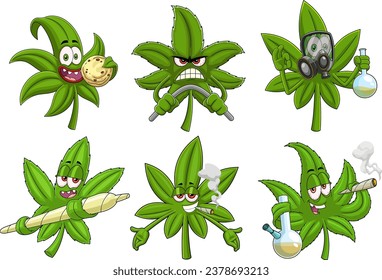 Caracteres divertidos de caricatura de hojas de marihuana. Conjunto De Colección De Dibujo De Mano De Vector Aislado En Fondo Transparente