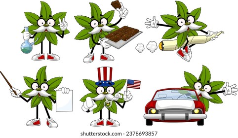 Funny Marijuana Leaf Cartoon Charaktere. Kollektion mit Vektorgrafik einzeln auf transparentem Hintergrund