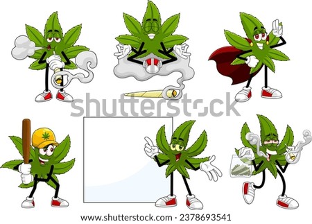 Funny Marijuana Leaf Cartoon Characters. Vector Hand Drawn Collection Set Isolated On Transparent Background