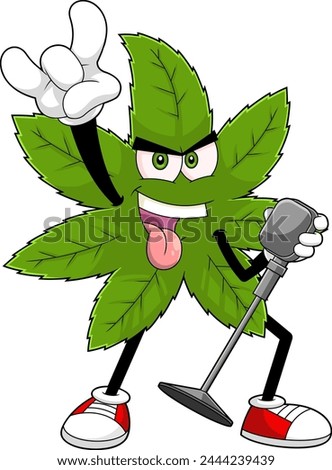 Funny Marijuana Leaf Rock Star Cartoon Character. Vector Hand Drawn Illustration Isolated On Transparent Background