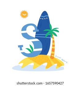 Funny marine alphabet for kids education. Vector handwritten typeface. Letter S is for a surf boat. Cartoon alphabet. ABC.