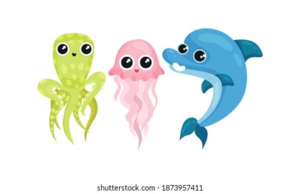 Funny Marine Animal with Octopus and Dolphin Vector Set