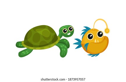 Funny Marine Animal with Turtle and Fish Vector Set