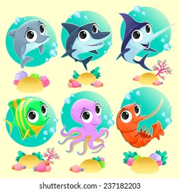 Animales marinos divertidos con antecedentes. Ilustración de dibujos animados