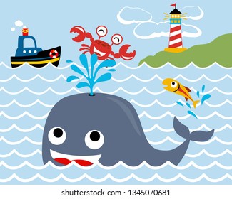 Funny marine animals with boat and lighthouse