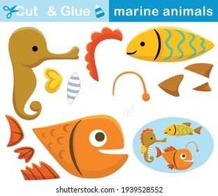 Heutige Meerestiere, Meerestiere, Fische, Seeteufel. Erziehungspapierspiel für Kinder. Cutout und Kleben. Vektorgrafik