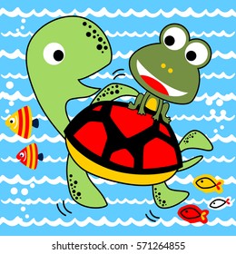 Funny marine animals, frog riding on turtle's back, vector cartoon illustration. Eps 10